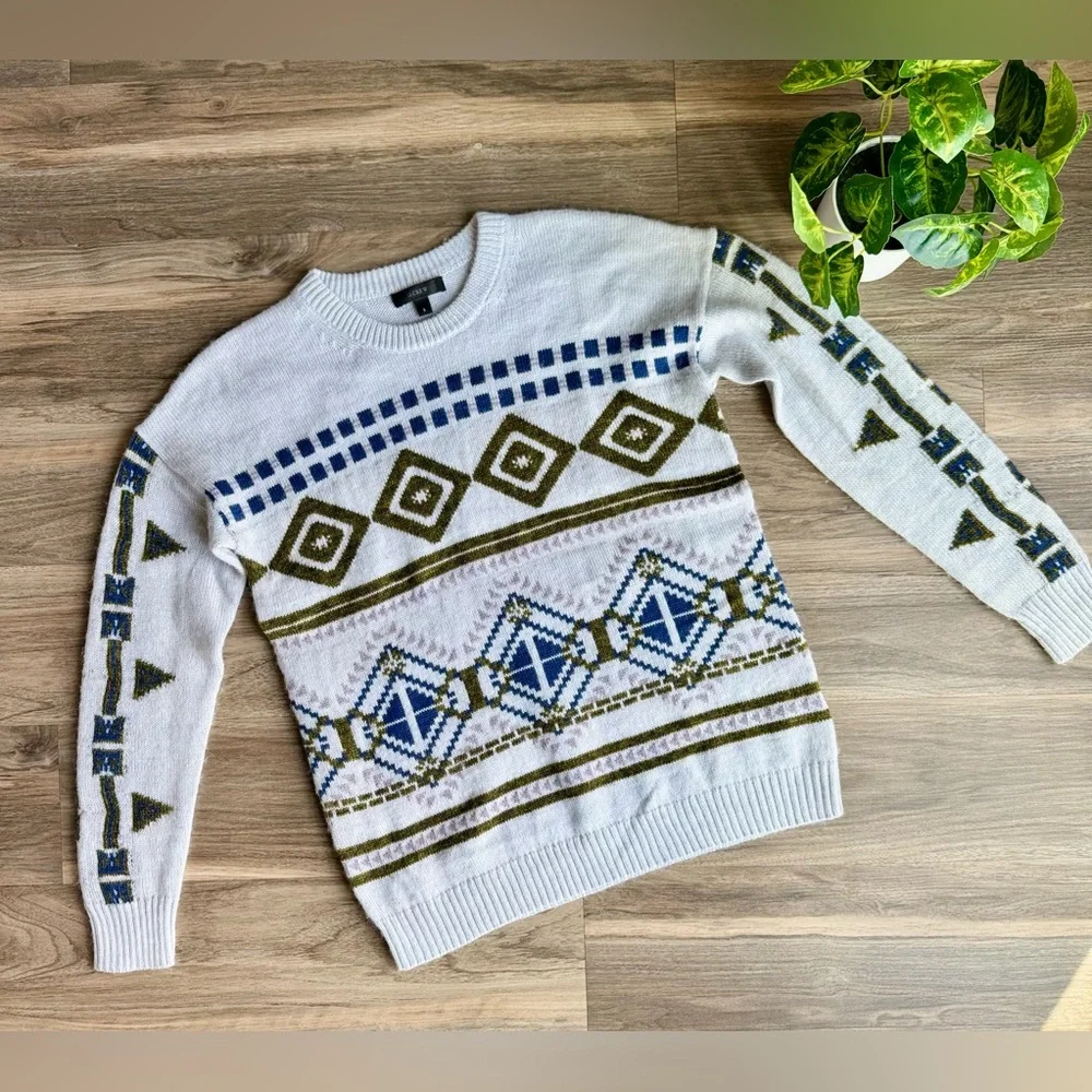 J.Crew Fair Isle Abstract Geometric Knit Sweater Gray Blue Olive‎ – Size Small